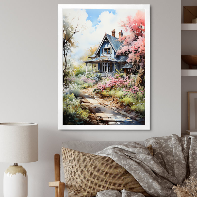«Blossom Bungalow By The Lake 3», art mural paysage, Cadre photo blanc, H 40 po x l 30 po x P 1,5 po
