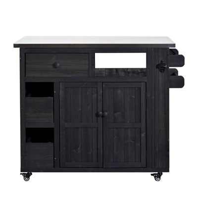 Chariot d'îlot de cuisine extensible avec cadre en bois de sapin massif et plateau en acier inoxydable TopMAX, noir