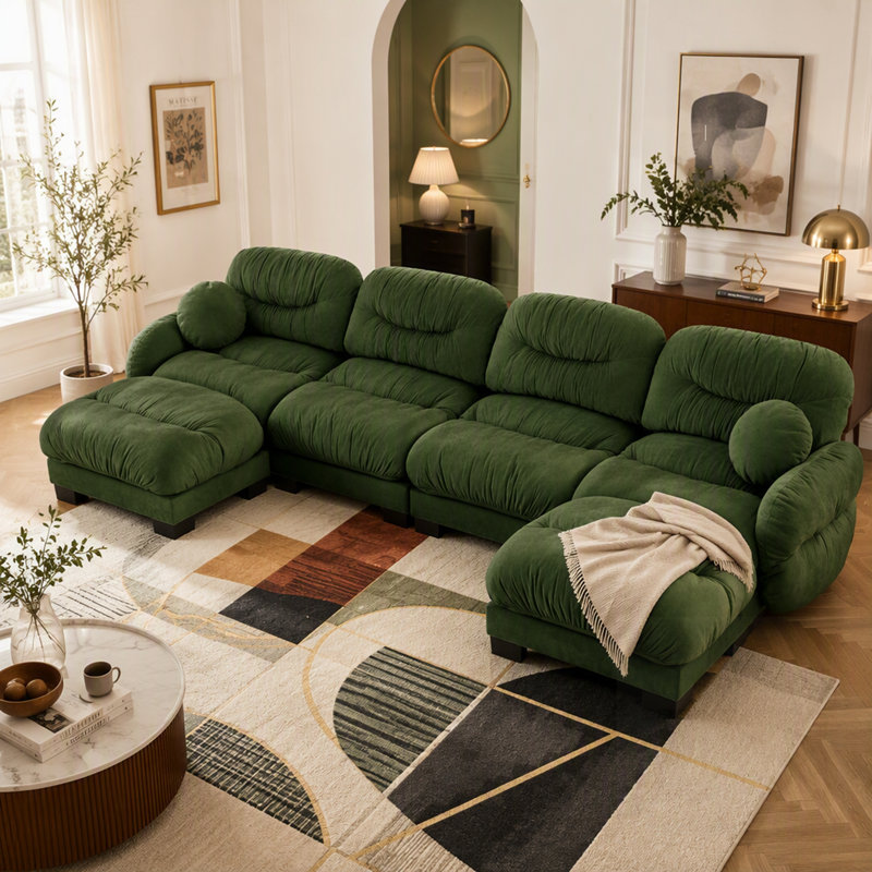 Canapé d'angle modulaire 4 places en tissu chenille confortable au design plissé, avec mousse ergonomique haute densité, 2 poufs et coussins ronds.