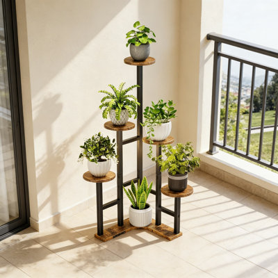 Support de plante d'angle à 6 niveaux avec lumières de croissance réglables, organisateur de tablette de plante d'intérieur pour plusieurs plantes, conception rustique robuste pour le salon, le balcon ou le patio