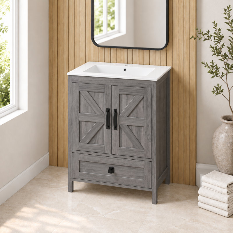 Meuble-lavabo de 76 cm avec lavabo en céramique et rangement dissimulé (sans robinetterie) - Gris, Gris, 30 pouces