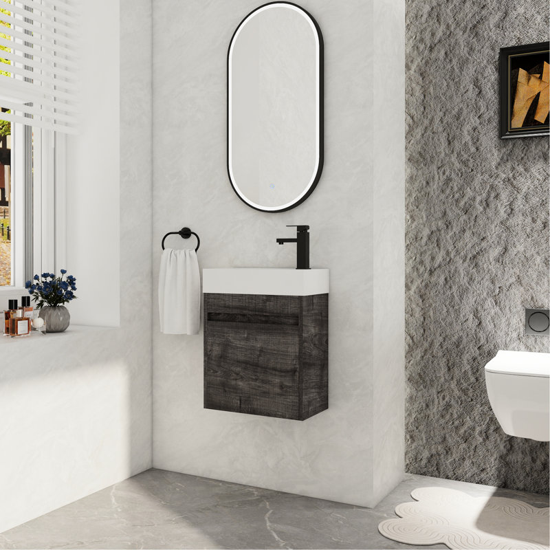 Meuble-lavabo mural profond de 18,25 po avec lavabo en résine blanche, porte simple à fermeture en douceur et rangement 18 po