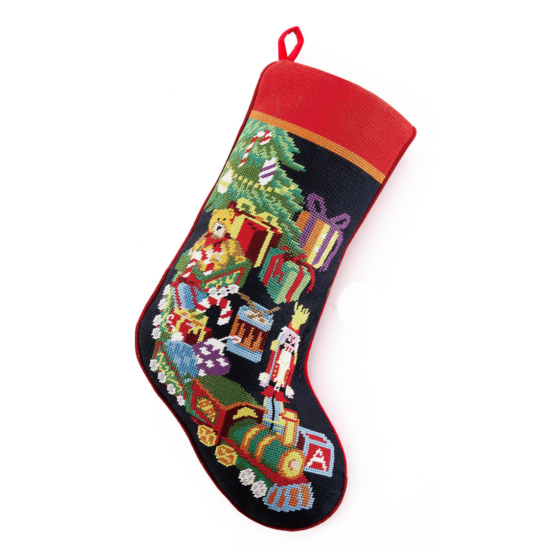 Toy Train Embroidered Needlepoint Stocking Mistletoe and Co.