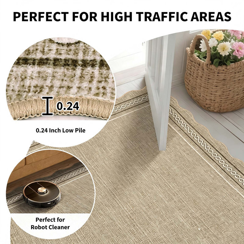 Tapis lavable à bords festonnés avec envers antidérapant, Brown, 6*9ft
