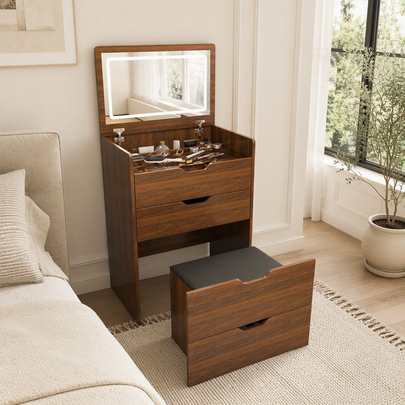 Bureau de coiffeuse 3-en-1 avec miroir éclairé à DEL et tabouret, coiffeuse à maquillage multifonctionnelle avec rangement caché, ensemble de coiffeuse compact pour le vestiaire de la chambre à coucher
