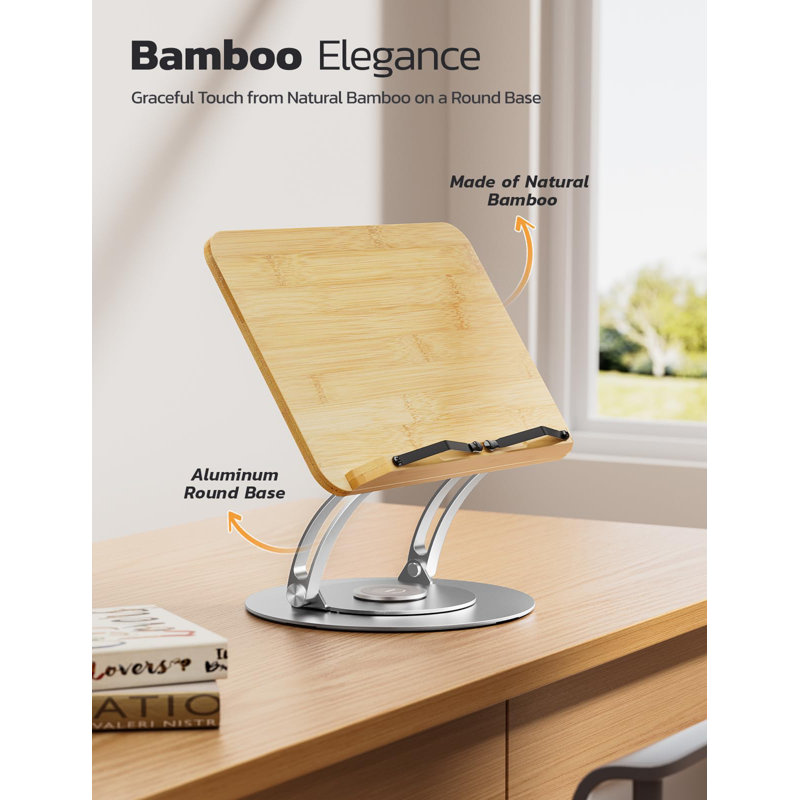 Bamboo 360 Rotating Book Stand For Reading, Adjustable Textbook Holder For Reading, Foldable Desktop Cookbook Stand With Protective Page Clips, Fits All Books - Silver