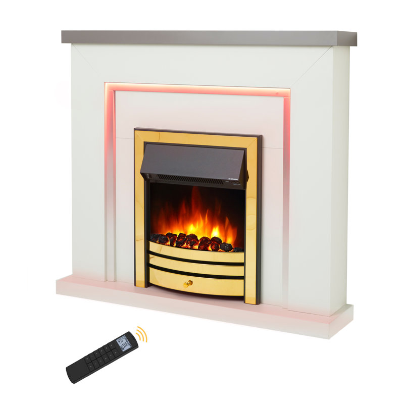 Bempton 42" Electric Fireplace Suite, Coal Effect, 13-Colour LED, Remote, White Surround, Grey White/Brass