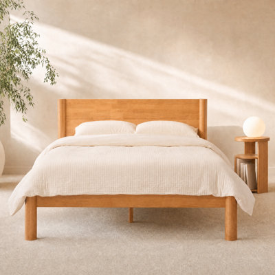 Cadre de lit japonais en bois d'hévéa massif avec tête de lit et rangement sans outil, style japonais, chêne japonais