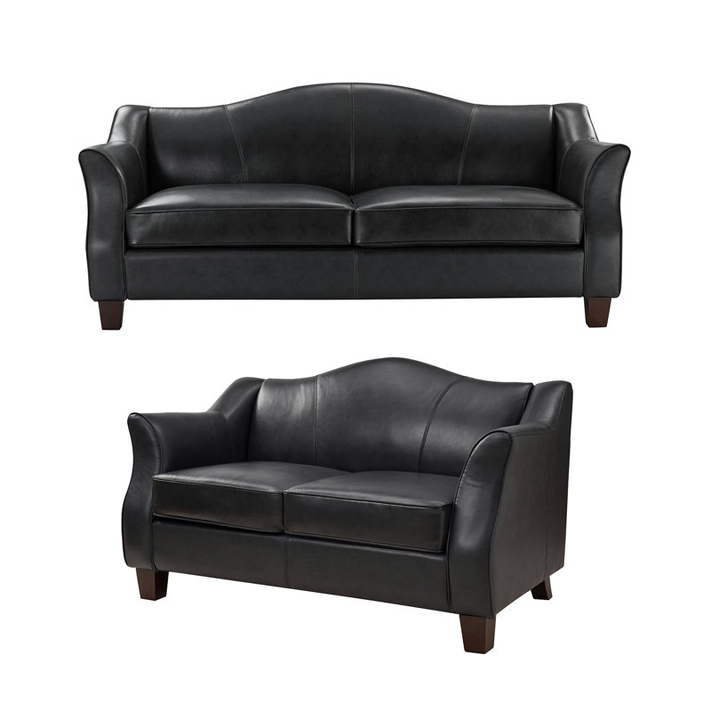 Prayan 78.85" Genuine Leather Living Room Set, Black Genuine Leather