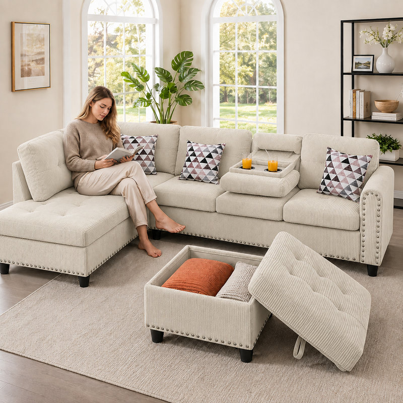 Canapé modulaire en L 94,5 po avec repose-pieds et porte-gobelets en L Corduroy, Beige