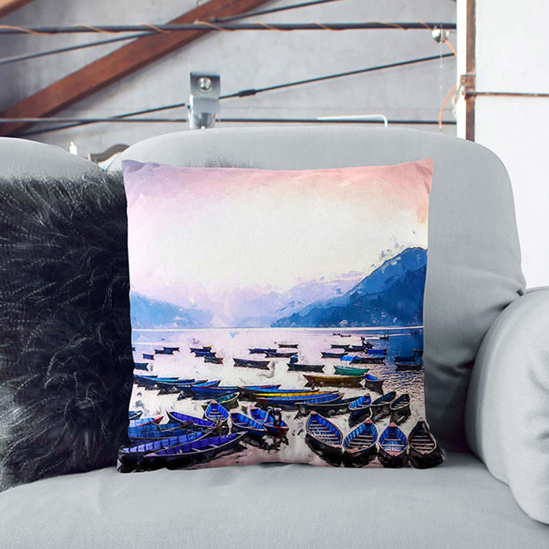Boats On Phewa Tal Lake In Nepal In Abstract Square Throw Cushion, 55cm H x 55cm W x 20cm D, Black
