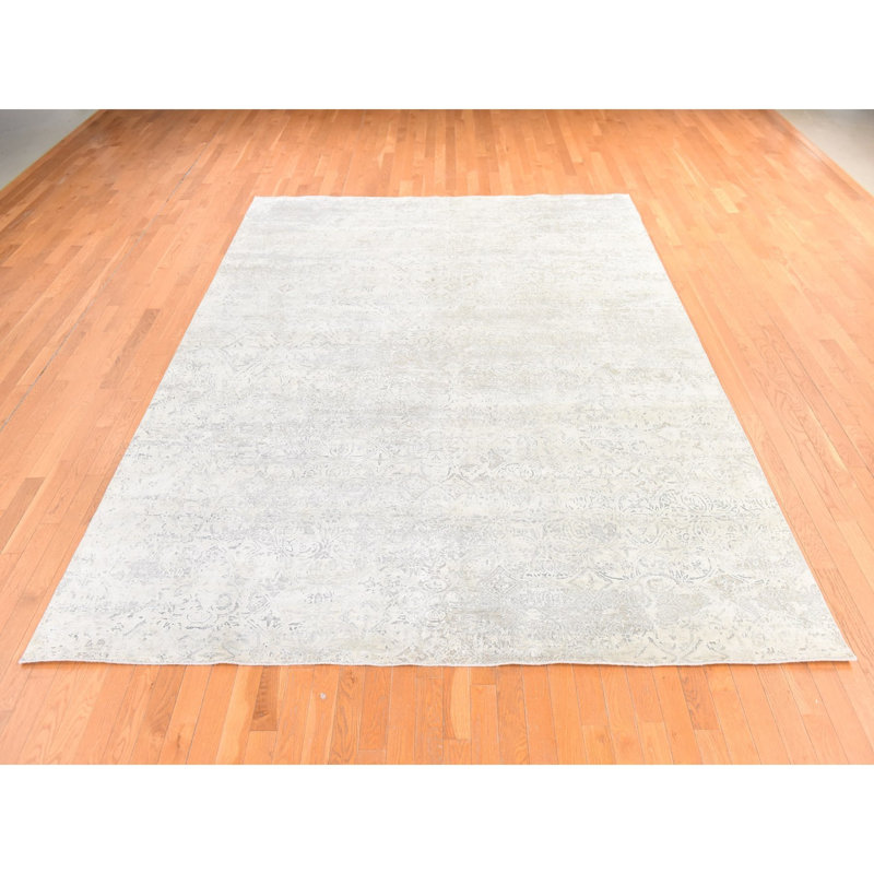 Tapis oriental noué à la main de 8 pi 10 po x 12 pi blanc, en soie avec laine texturée, moderne, dimensionnel effacé