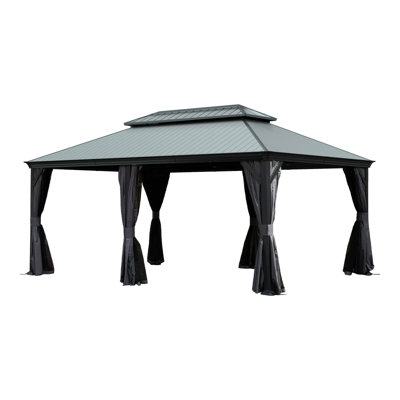 12'X18' Hardtop Gazebo With Resin Roof, Outdoor Metal Gazebo With Drainage Gutters, Permanent Heavy Duty Pavilion For Patio, Backyard And Deck, Curtains And Mosquito Netting Included