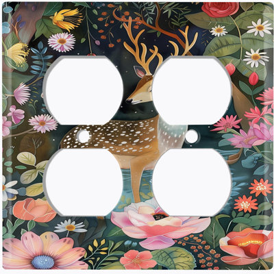Couvercle de plaque d'interrupteur en métal; Rectangle 2 bandes US standard - cerf dans une forêt florale