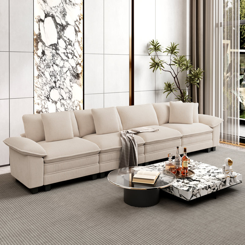 Chenille Sofa & Chaise, 4, Beige Corduroy