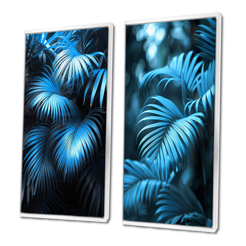 «Blue Palm Trees» Natures Nuance I - Ensemble de 2 palmiers et palmiers, H 28 po x l 24 po, Impression encadrée, Blanc