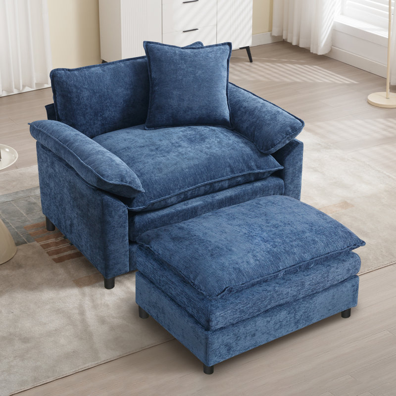 Chenille Oversized Accent Armchair With Ottoman, Blue Chenille