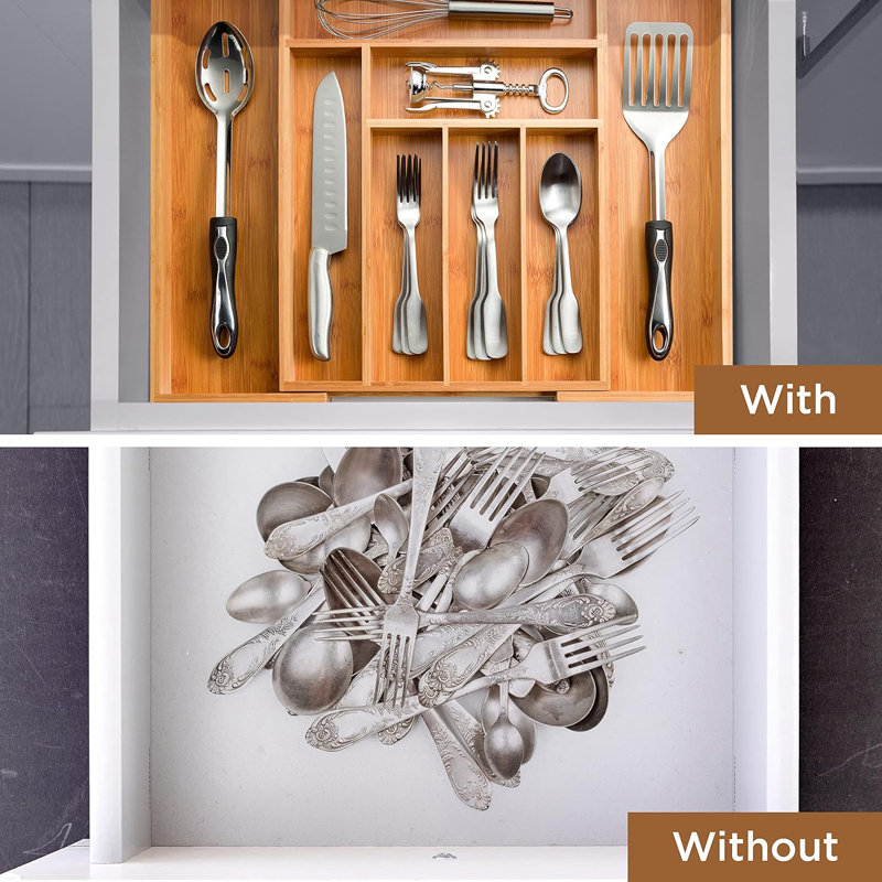 Expandable Bamboo Kitchen Drawer Organizer with Adjustable Compartments