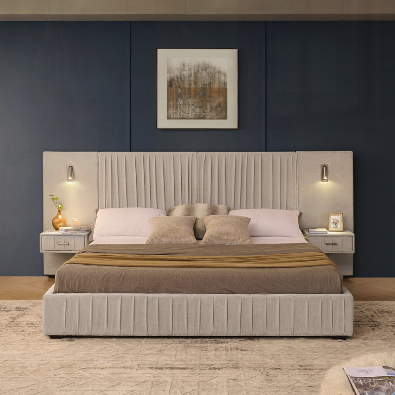 Upholstered Bed Frame With Headboard, King, Beige