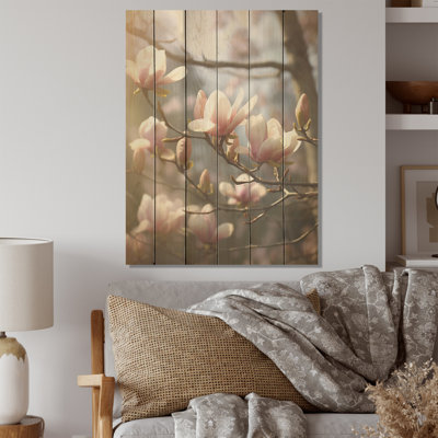 «Magnolias rose», champ de photos «I», art mural en bois de magnolia sur bois de pin naturel