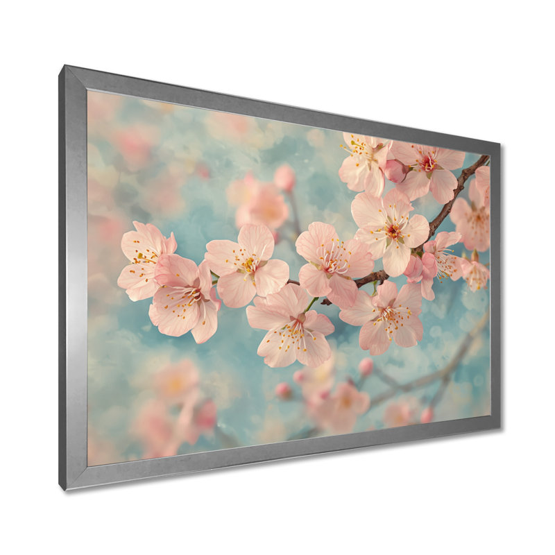 Fleur de cerisier rose, arrivée de printemps - décoration murale fleur de cerisier, H 24 po x l 32 po, Cadre simple, Argent