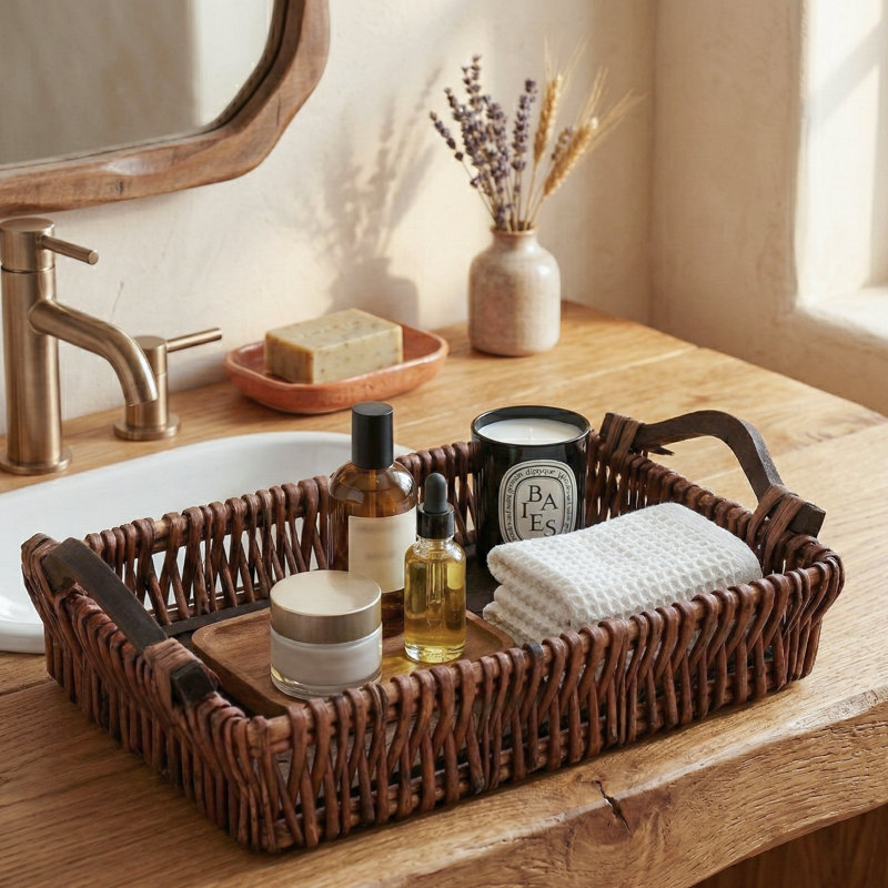Handwoven Wicker Bathroom Vanity Tray – Farmhouse Countertop Organizer, Honey Brown