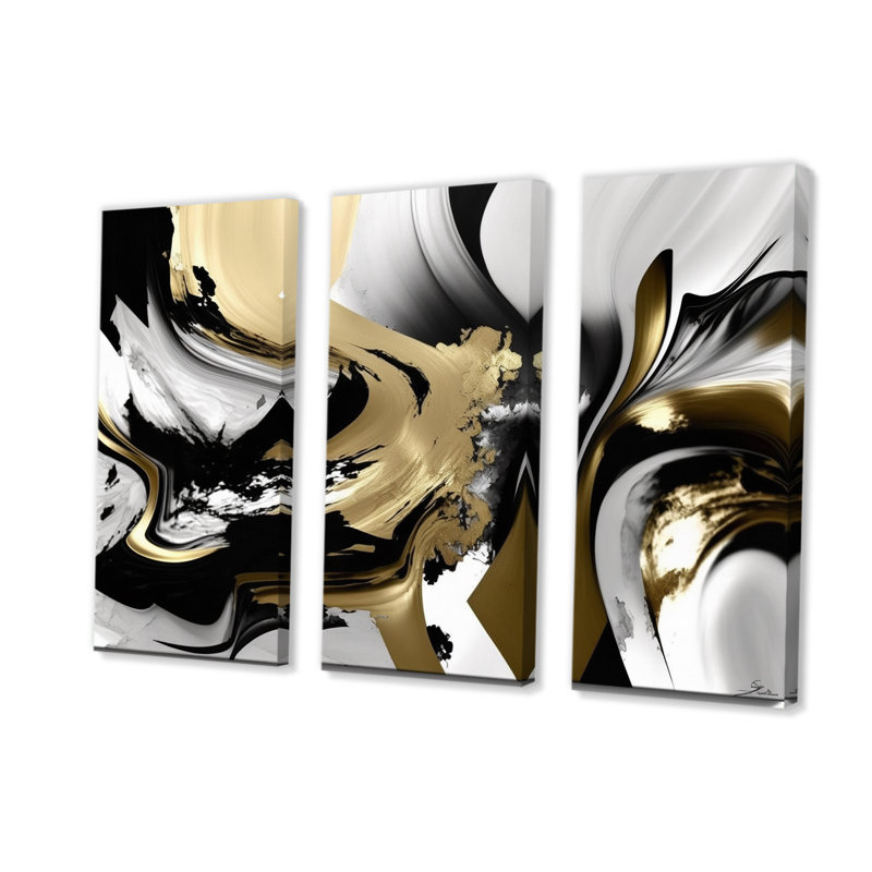 Wild Wave Bliss abstrait or blanc noir V 3 pièces, H 28 po x l 36 po x P 1 po