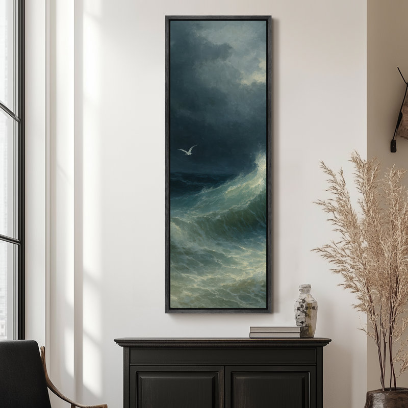 Abstrait océan encadré, impression sur toile - paysage côtier pour décoration murale moderne, H 60 po x l 20 po, Noir