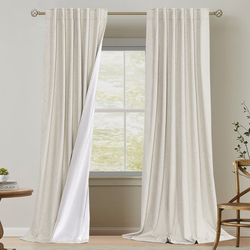 Faux Linen 100% Blackout Curtains for Bedroom Thermal Insulated Textured Linen Look Curtain Back Tab/Rod Pocket/Hook Belt Draperies 2 Panels