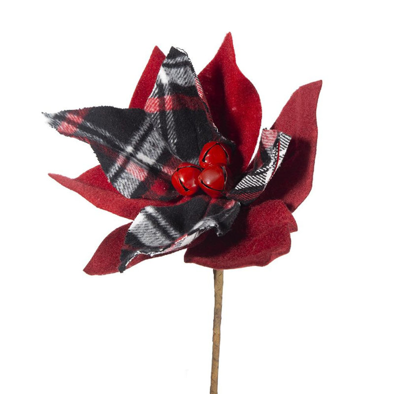 Set of 12 Red and Black Plaid Poinsettia Stems