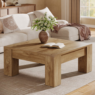 39" Square Coffee Table, Farmhouse Wooden Centre Table with Sturdy Legs, Light Brown