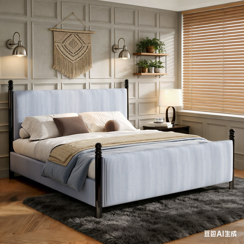 Upholstered Bed Frame with Tall Headboard and Footboard, Rubber Wood Platform Bed with Solid Wood Slats, Weight Capacity 800 lbs, No Box Spring Needed, Black+ Blue white stripes, King
