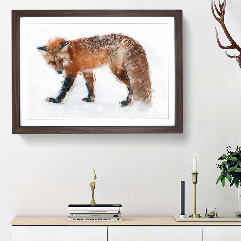 Red Fox in the Winter in Abstract - Picture Frame Painting Print, 27cm H x 36cm W x 2cm D, Walnut Framed