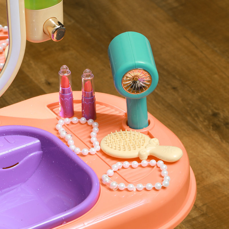 Qaba Kids Vanity Set, Toddler Makeup Table with Faucet, Mirror, LED Light, Music, 23 Accessories, Pretend Play Set for Girls 3-6 Years, Pink