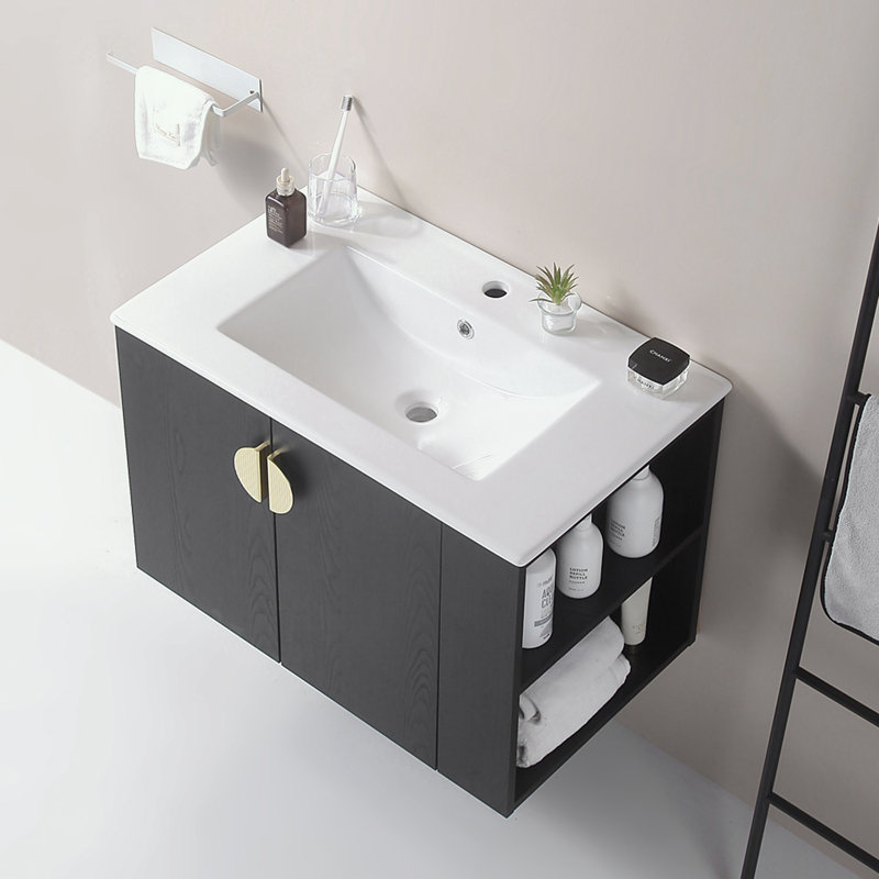 Meuble-lavabo mural avec lavabo et tablette de rangement ouverte à droite, Noir, noir, noir, noir