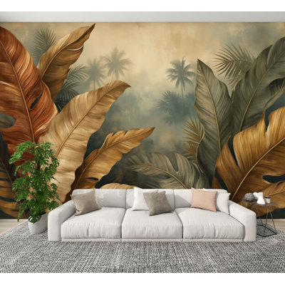 Papier peint à peler et coller feuilles de palmier tropicales, tons de terre chaude, brouillard doux, papier peint en PVC amovible de 100 po x l 144 po, adhésif mural pour chambre à coucher, bureau à domicile