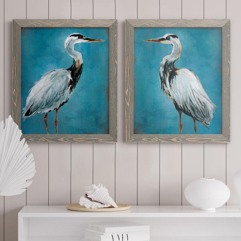 «Great Blue Heron I», ensemble de 2 peintures sur toile encadrées, H 20 po x l 34 po x P 1,5 po, Encadré gris