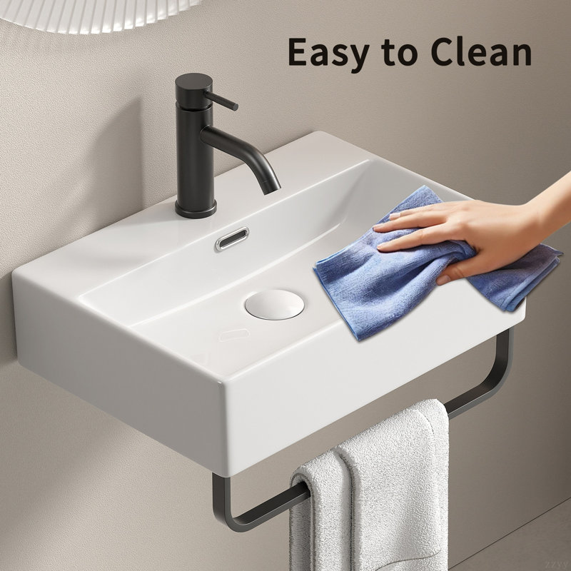 White Vessel Sink, All Mounted Bathroom Sink With Towel Rack, Small Wall Mount Bathroom Sink With Faucet Hole