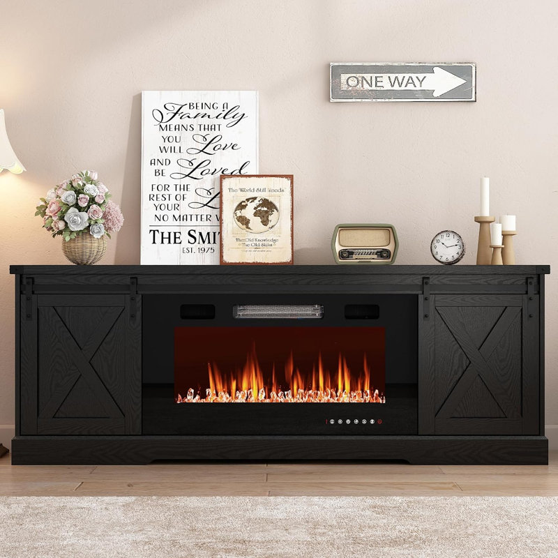 Farmhouse Fireplace TV Stand For 70/75/80 Inch TV, 70 Inch Entertainment Center Storage Cabinets With 36”Electric Fireplace And Sliding Barn Doors, Media Console Cabinet For Living Room