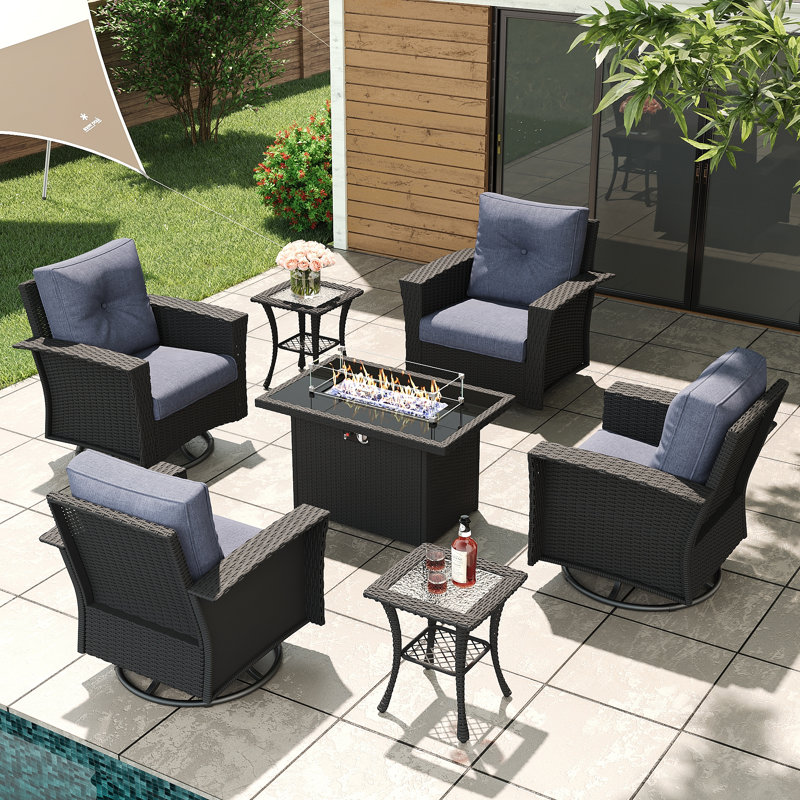 Lark Manor™ 7 Piece Wicker Patio Furniture Set with Fire Pit Table, Classis Outdoor Conversation 360 Degree Swivel Chairs Set with Coffee Table