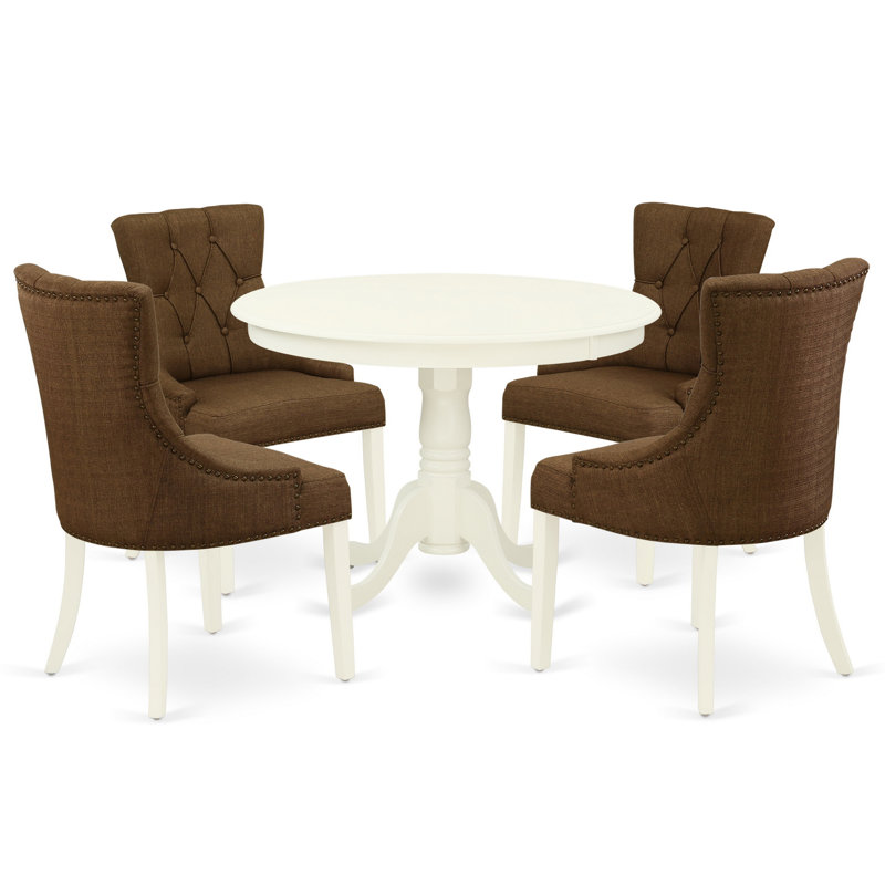 Ensemble de salle à manger 5 pièces comprenant une table de salle à manger ronde avec piédestal et 4 chaises Parson rembourrées en tissu brun, lin blanc