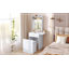 Small Vanity Desk with Mirror and Light, Dressing Table with Charging Station & Fold-up Panel for Small Space, Compact Makeup Vanity Set with Hidden Stool for Bedroom