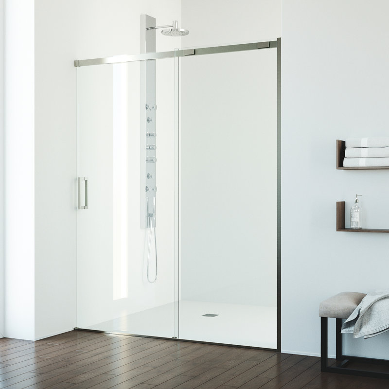 VIGO Amada 56"–60" W x 74" H Frameless Sliding Shower Door in Brushed Nickel with Clear Tempered Glass, Nickel