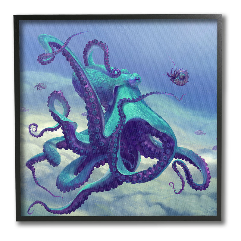Pieuvre sous l'eau vive, estampe numérique par vadrouille, H 17 po x l 17 po, Giclée encadrée noir minuit