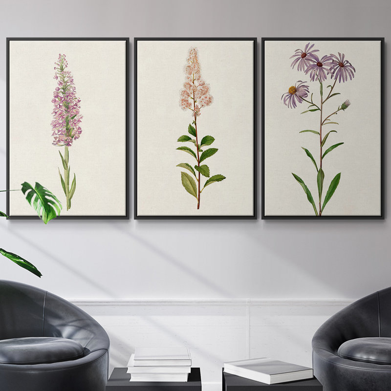 Mauve Garden Flowers I, ensemble de 3 toiles encadrées sur toile, Cadre noir, H 27 po x l 54 po