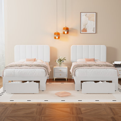 Set Of 2 Twin Size Storage Beds Frame With Adjustable Velvet Upholstered Headboards And Under-Bed Storage Drawers Wood Platform Bed