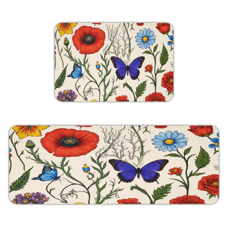 Ensemble de 2 tapis de cuisine à motif floral et papillons
