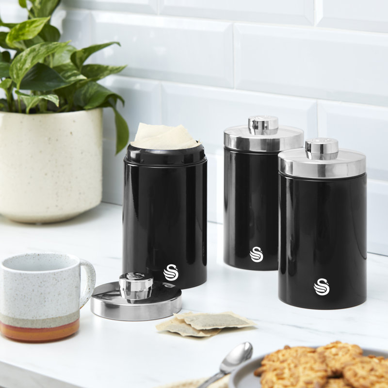 Swan Townhouse Set of 3 Kitchen Storage Canisters for Tea, Coffee, and Sugar with Pull Chrome Handles, Airtight Lids, Colour Coated Iron and Chrome Accents, 1.6L