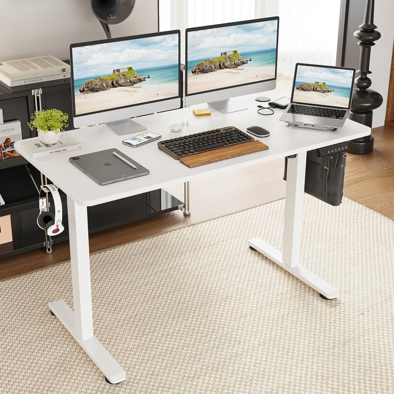 Electric Height Adjustable Home Office Standing Desk, White, White, 120cm W x 60cm D
