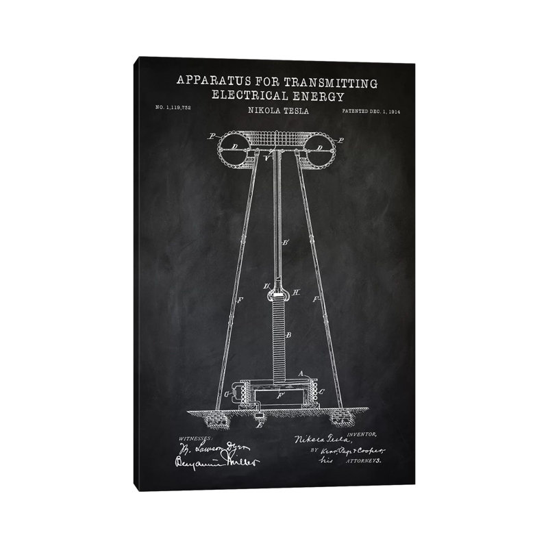 Tesla Apparatus For Transmitting Electrical Energy, Black by PatentPrintStore - Wrapped Canvas Print